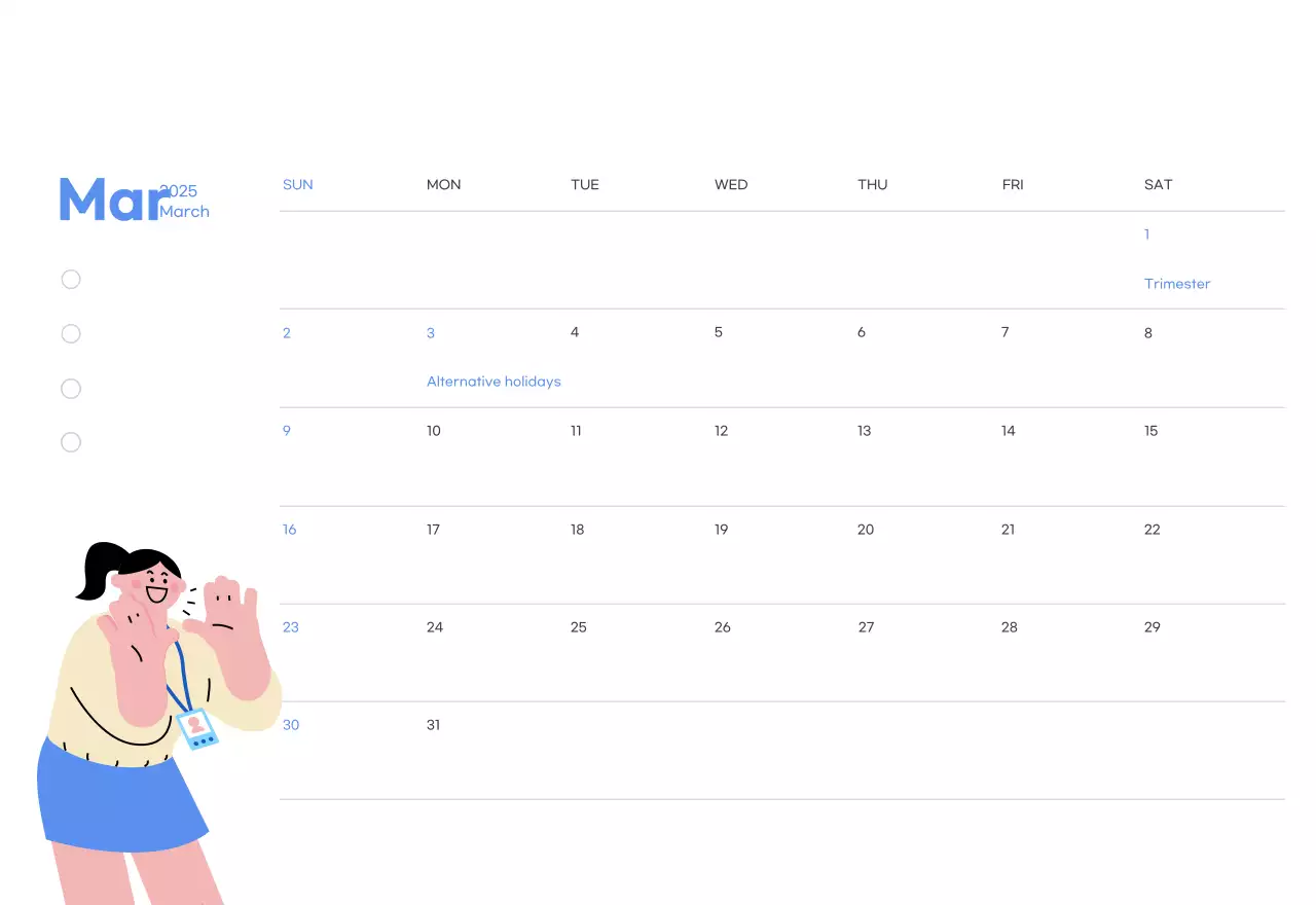 Motivational calendar with energetic illustrations and positive phrases on a light blue background