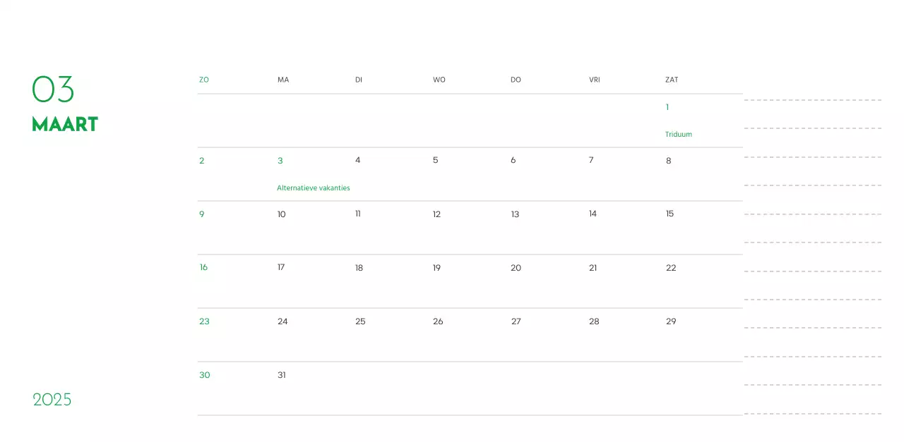 Een kalender met een puppyfoto en een schattige boodschap in groene accentkleur