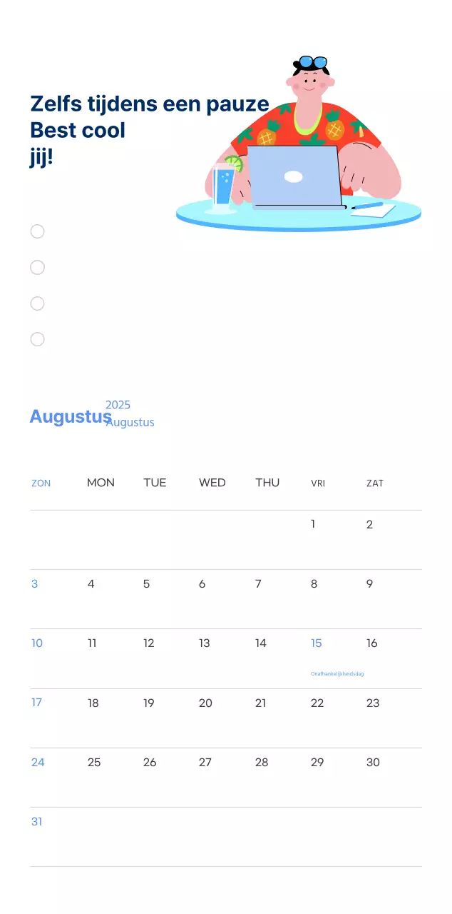 Motiverende kalender met energieke illustraties en positieve citaten op een lichtblauwe achtergrond