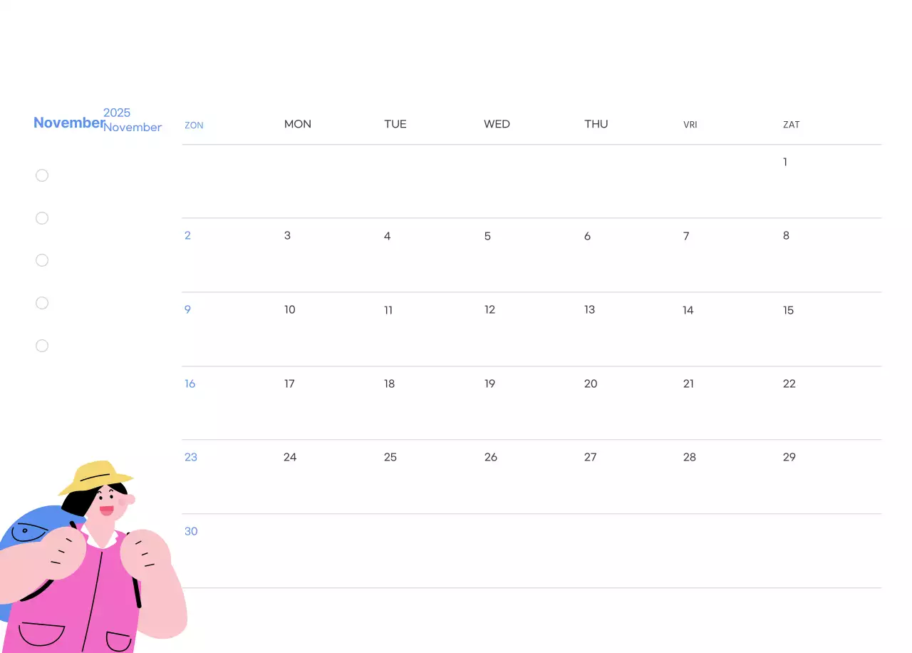 Motiverende kalender met energieke illustraties en positieve citaten op een lichtblauwe achtergrond