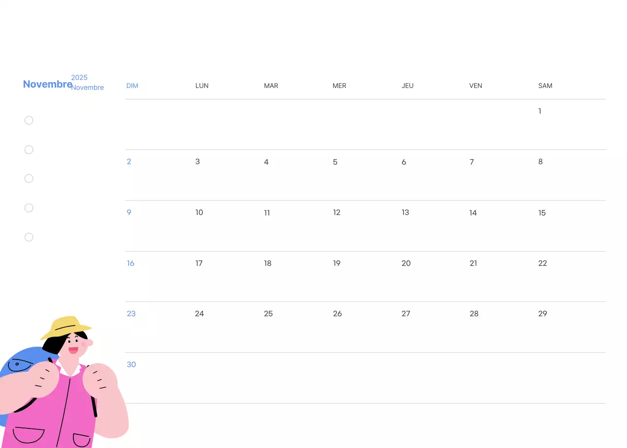 Calendrier de motivation avec des illustrations énergiques et des citations positives sur un fond bleu clair