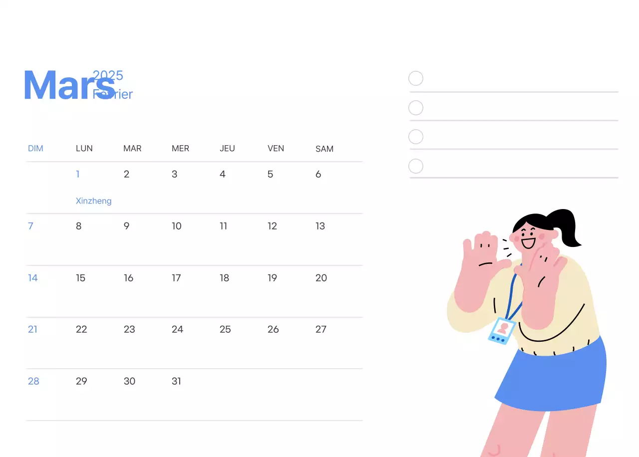 Calendrier de motivation avec des illustrations énergiques et des citations positives sur un fond bleu clair