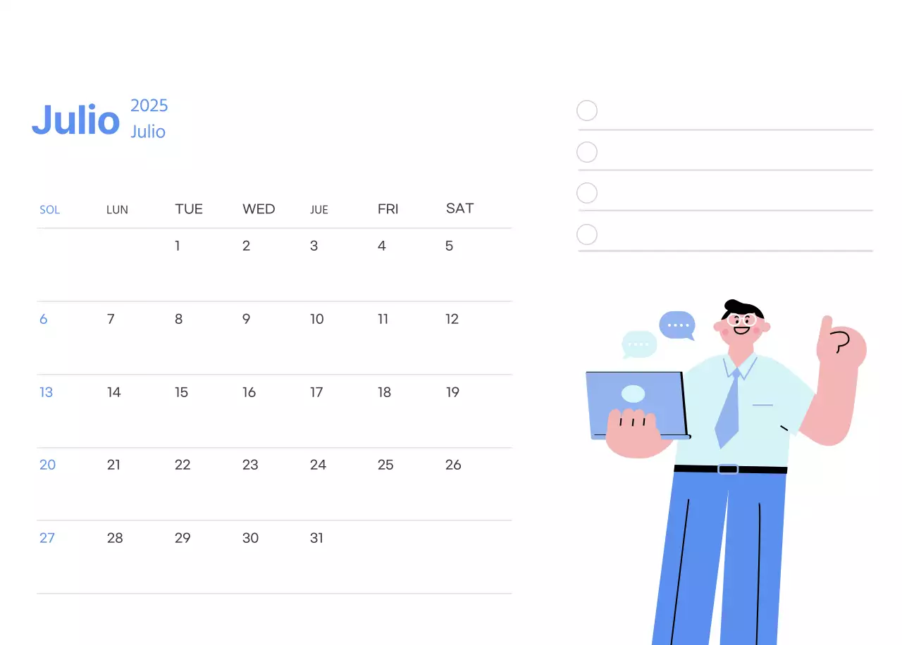 Calendario motivacional con ilustraciones llenas de energía y citas positivas sobre fondo azul claro
