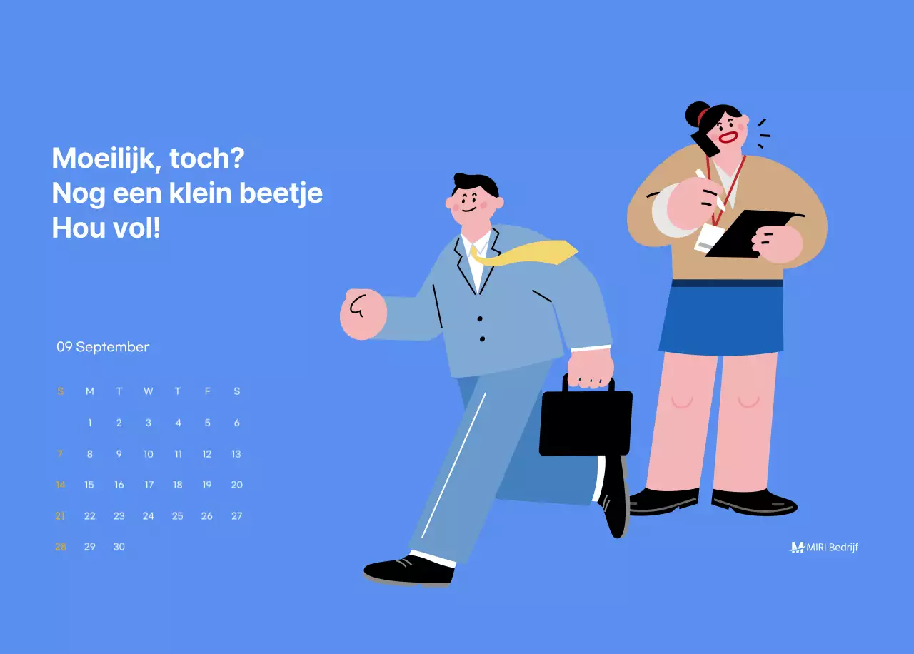 Motiverende kalender met energieke illustraties en positieve citaten op een lichtblauwe achtergrond