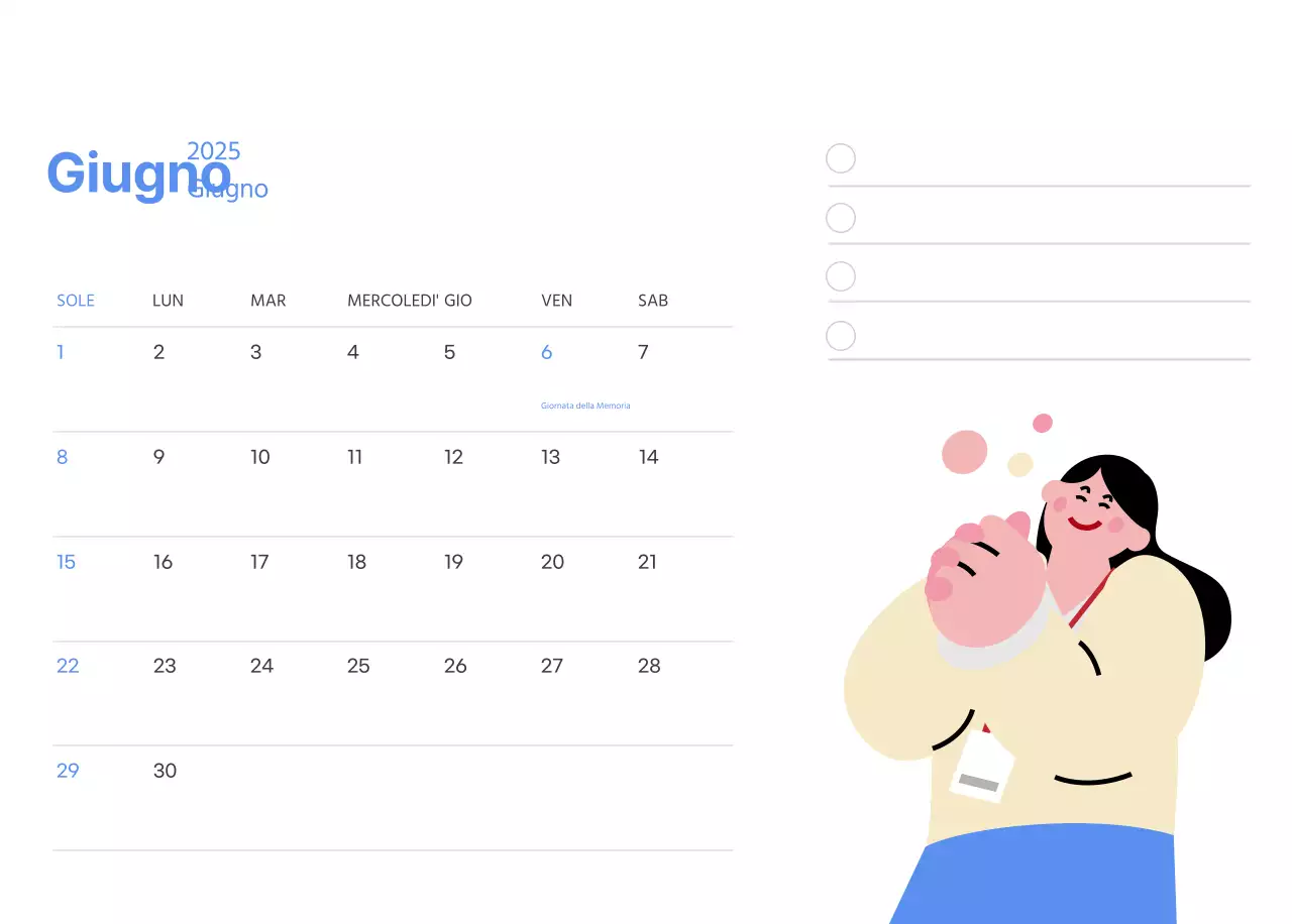 Calendario motivazionale con illustrazioni energetiche e citazioni positive su sfondo azzurro