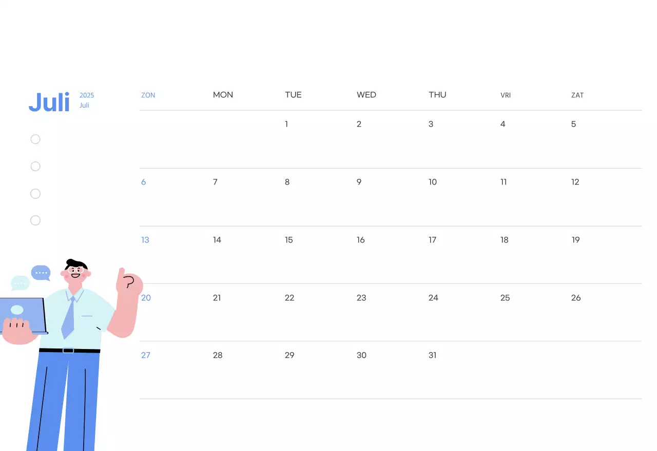 Motiverende kalender met energieke illustraties en positieve citaten op een lichtblauwe achtergrond