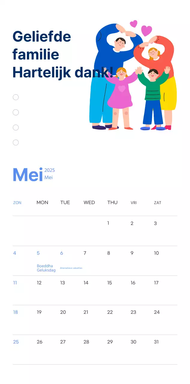 Motiverende kalender met energieke illustraties en positieve citaten op een lichtblauwe achtergrond