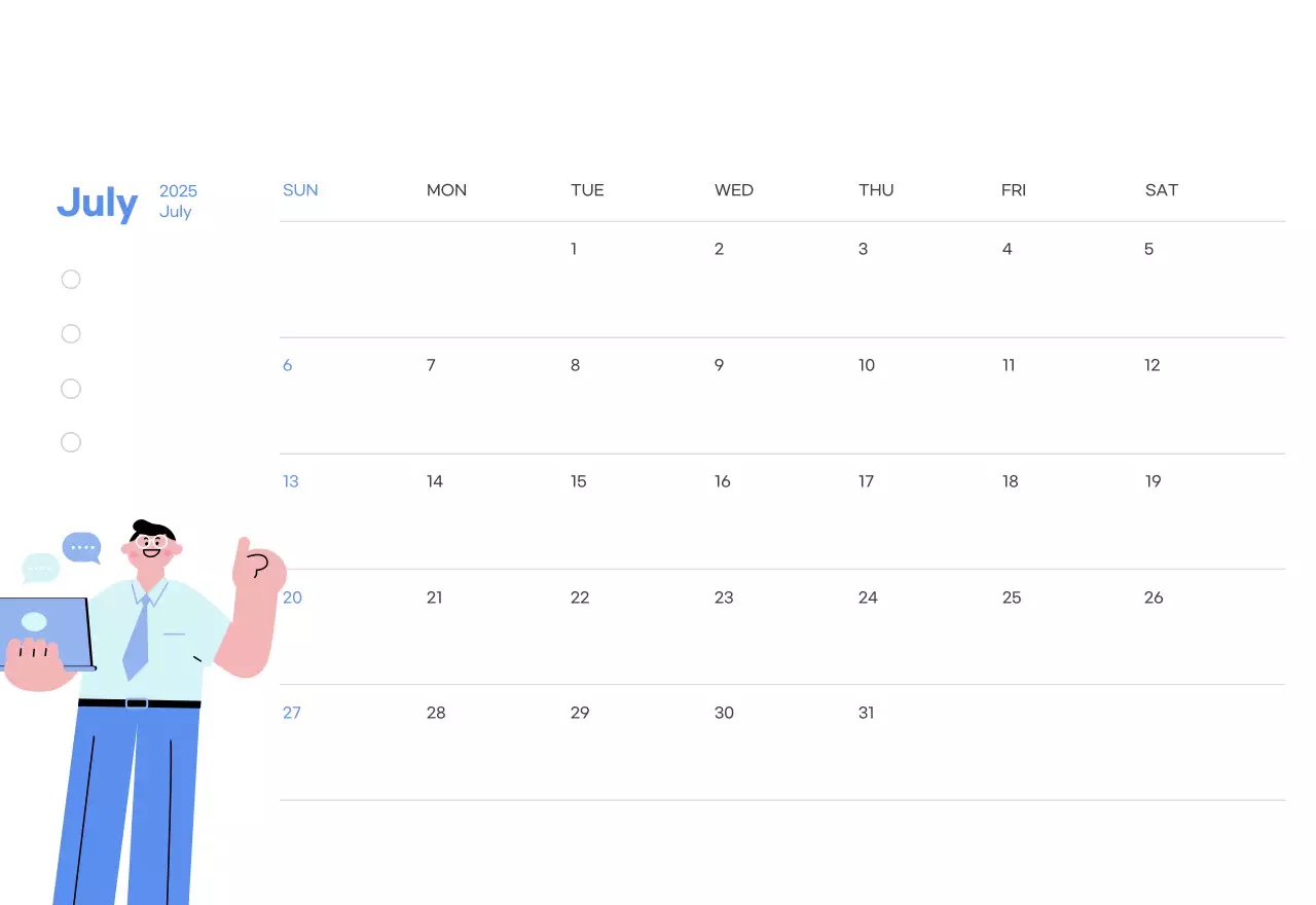 Motivational calendar with energetic illustrations and positive phrases on a light blue background