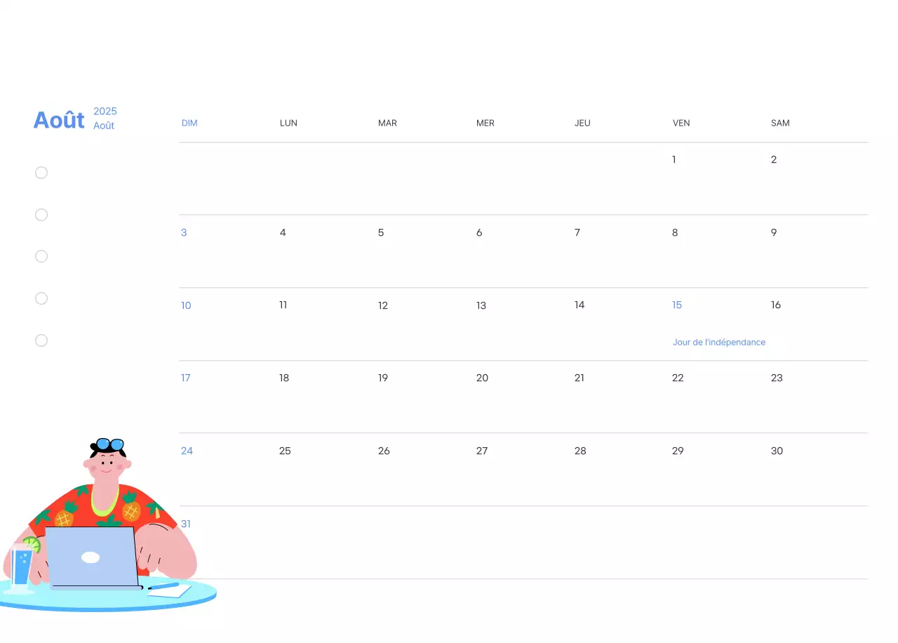 Calendrier de motivation avec des illustrations énergiques et des citations positives sur un fond bleu clair