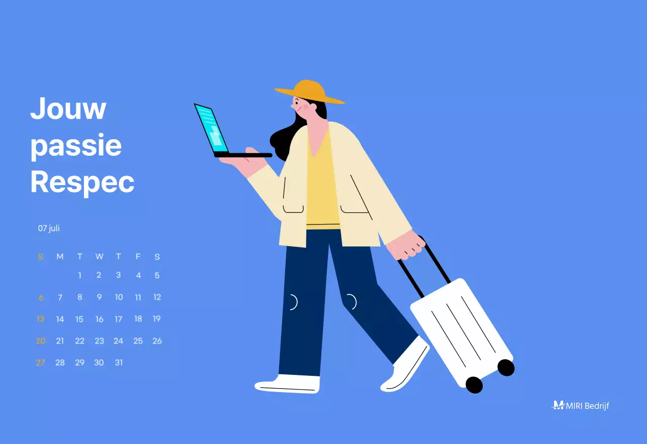 Motiverende kalender met energieke illustraties en positieve citaten op een lichtblauwe achtergrond