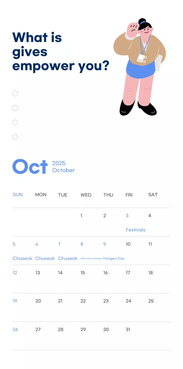 Motivational calendar with energetic illustrations and positive phrases on a light blue background