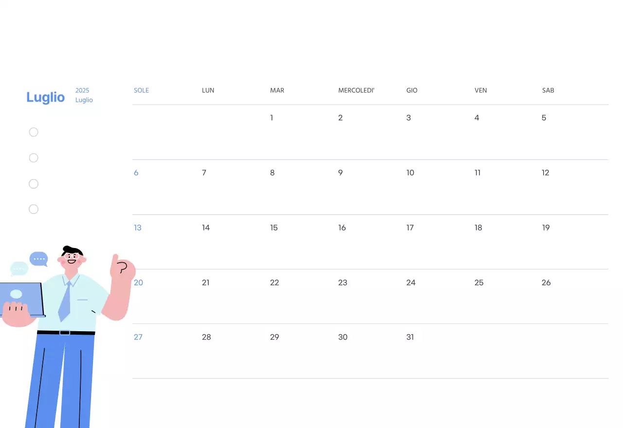 Calendario motivazionale con illustrazioni energetiche e citazioni positive su sfondo azzurro