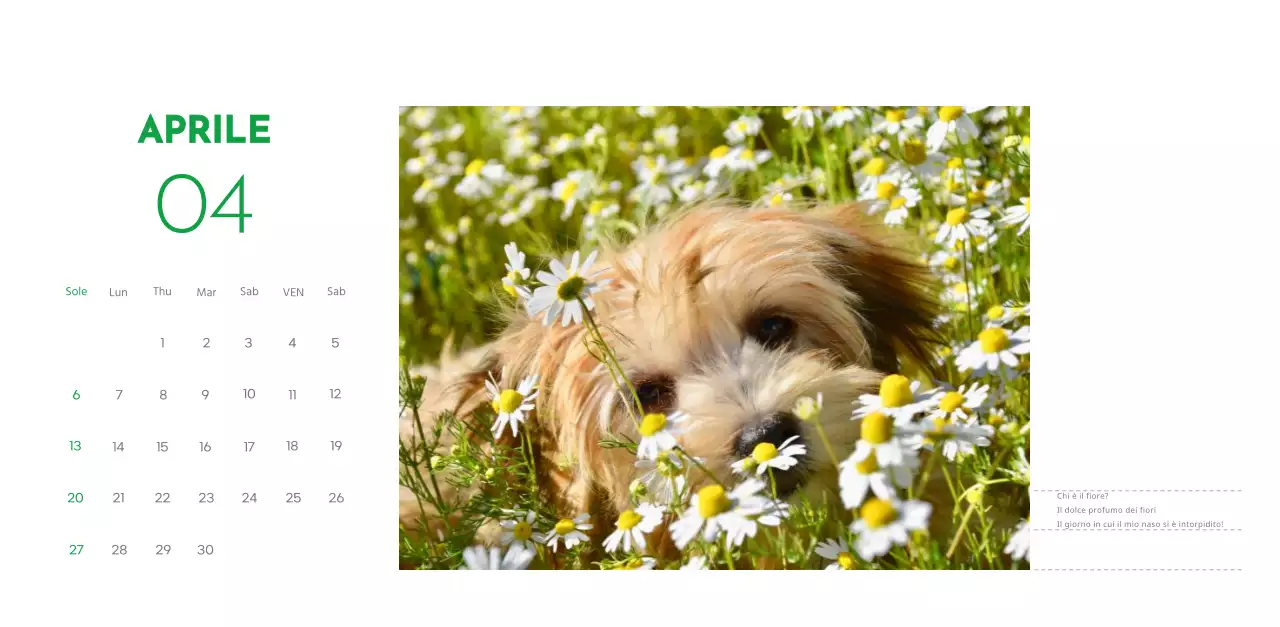 Un calendario con la foto di un cucciolo e un simpatico messaggio in colore verde.