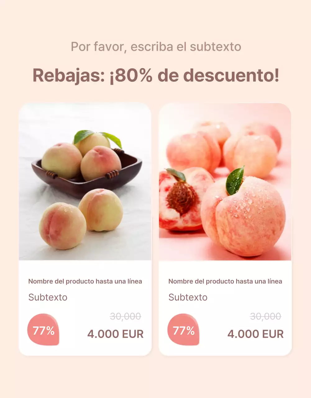 Promueva las opciones de melocotón fresco y los detalles del producto en un esquema de colores amarillo y rosa limpio.