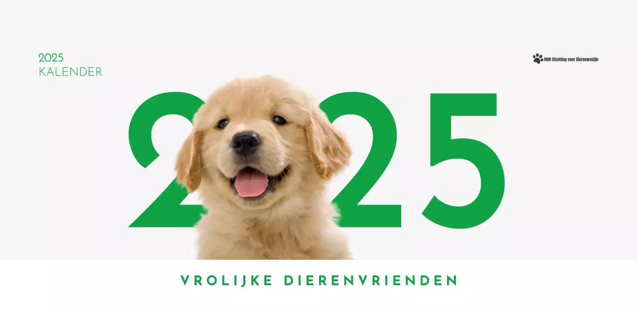 Een kalender met een puppyfoto en een schattige boodschap in groene accentkleur