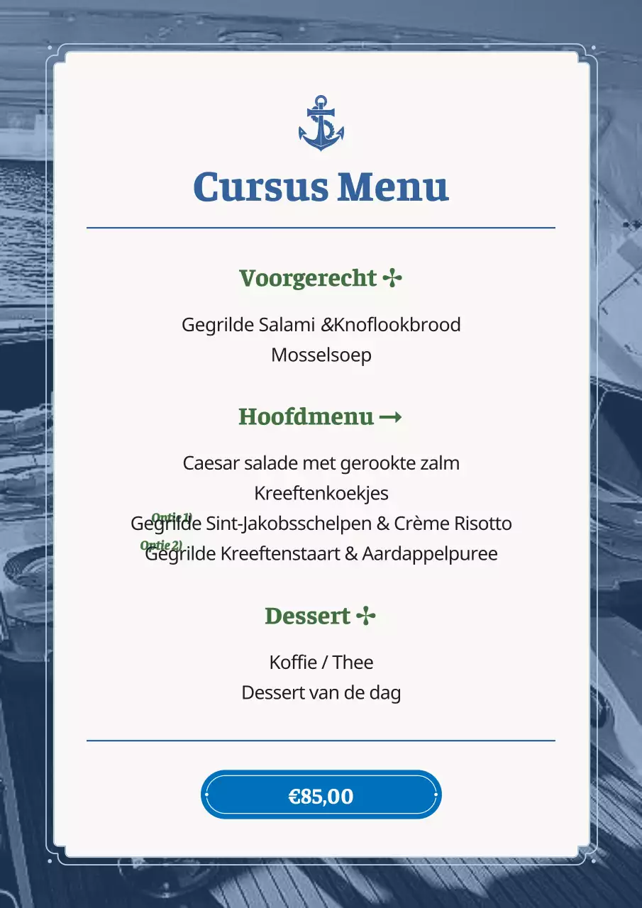 Een verzameling vintage menuborden met zeevruchten in lichtblauw en marineblauw.