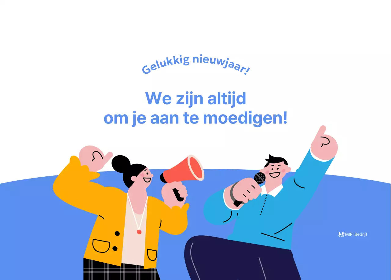 Motiverende kalender met energieke illustraties en positieve citaten op een lichtblauwe achtergrond