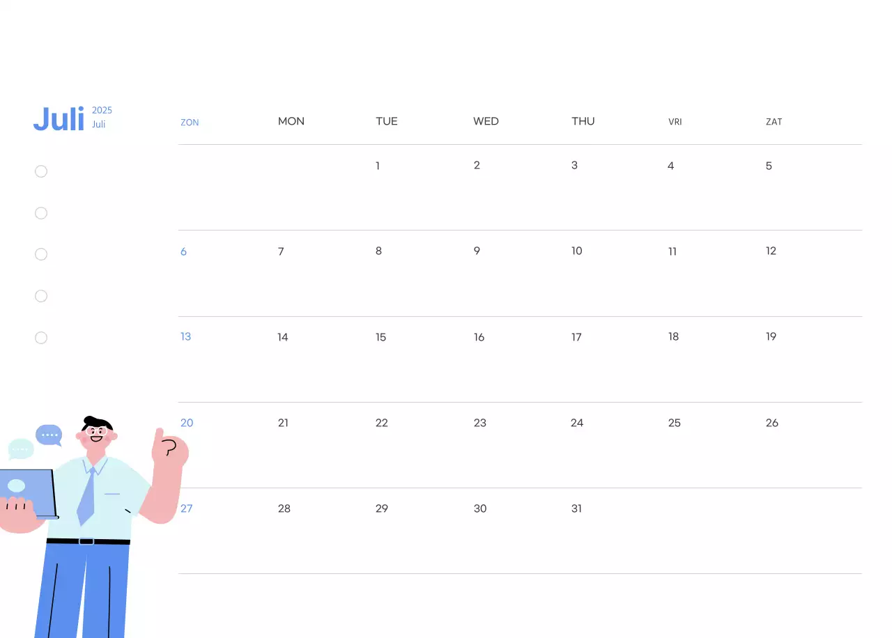Motiverende kalender met energieke illustraties en positieve citaten op een lichtblauwe achtergrond