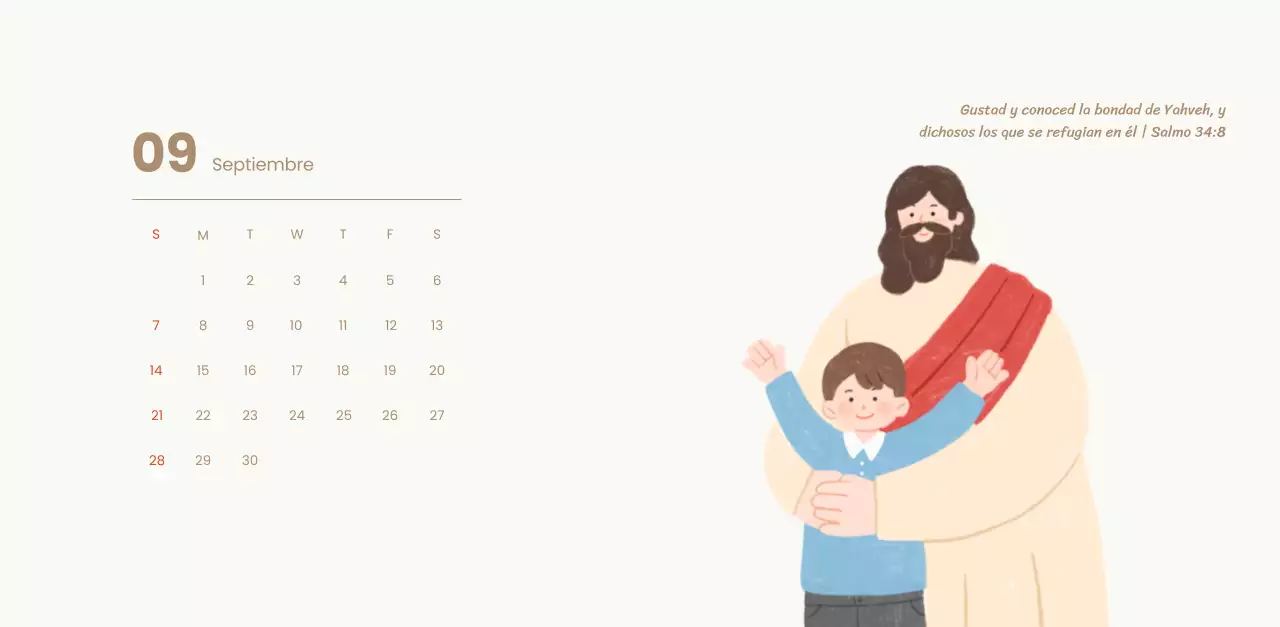 Un calendario devocional con acogedoras ilustraciones y versículos bíblicos sobre fondo azul claro