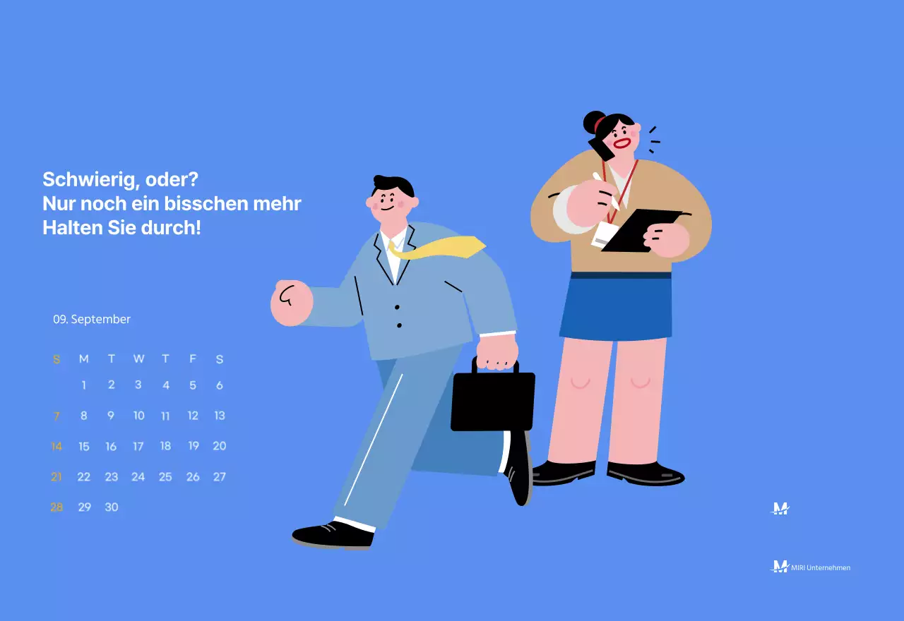 Motivationskalender mit energiegeladenen Illustrationen und positiven Zitaten auf hellblauem Hintergrund
