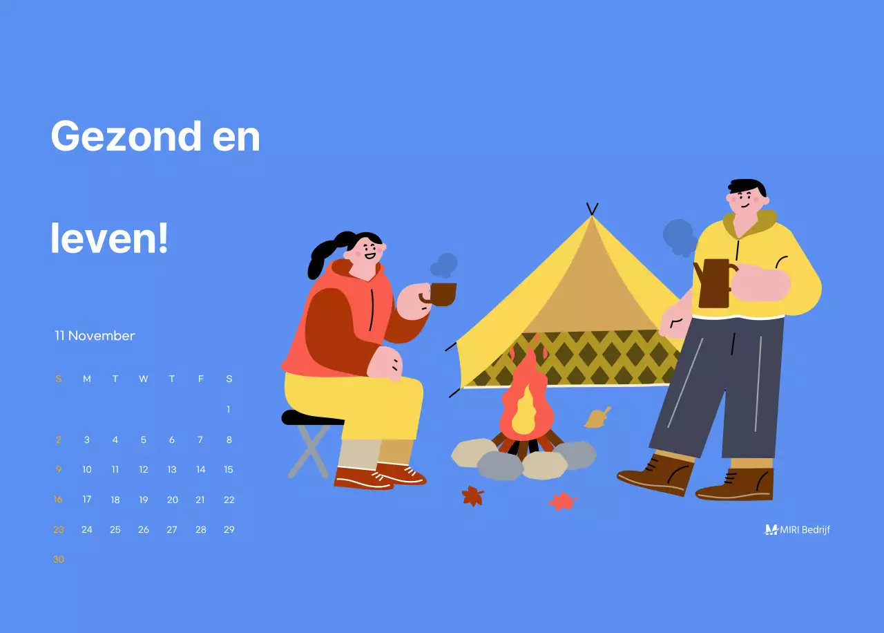 Motiverende kalender met energieke illustraties en positieve citaten op een lichtblauwe achtergrond