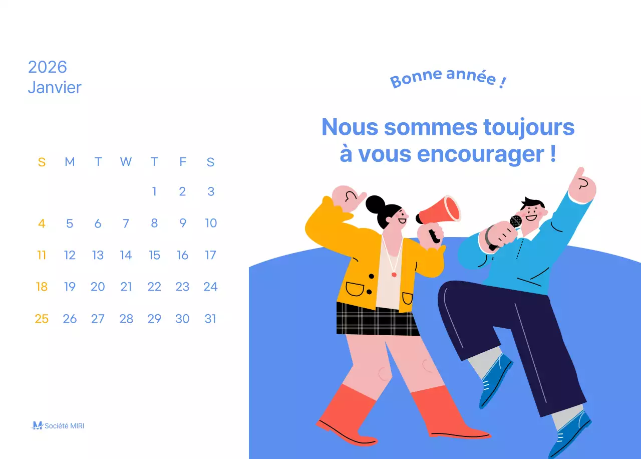 Calendrier de motivation avec des illustrations énergiques et des citations positives sur un fond bleu clair