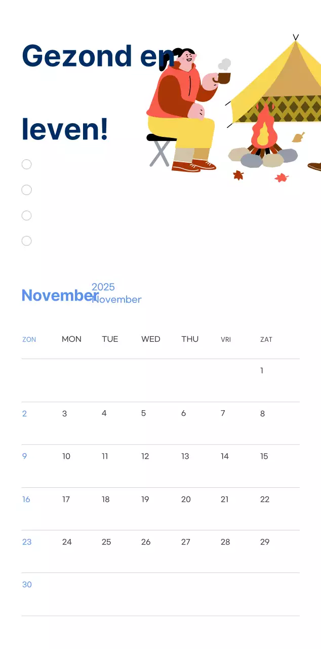 Motiverende kalender met energieke illustraties en positieve citaten op een lichtblauwe achtergrond
