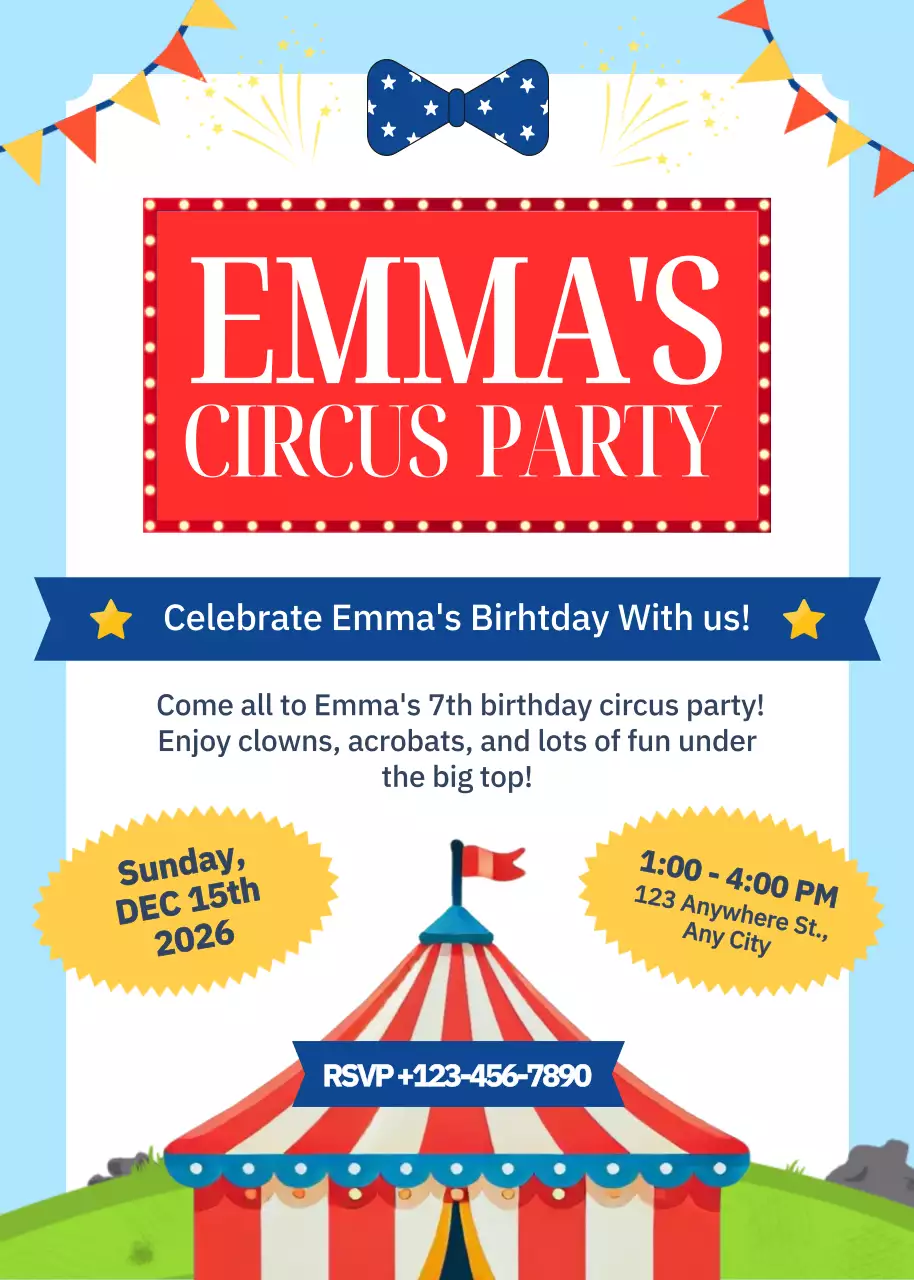 Thiệp mời tiệc sinh nhật Blue Retro Circus