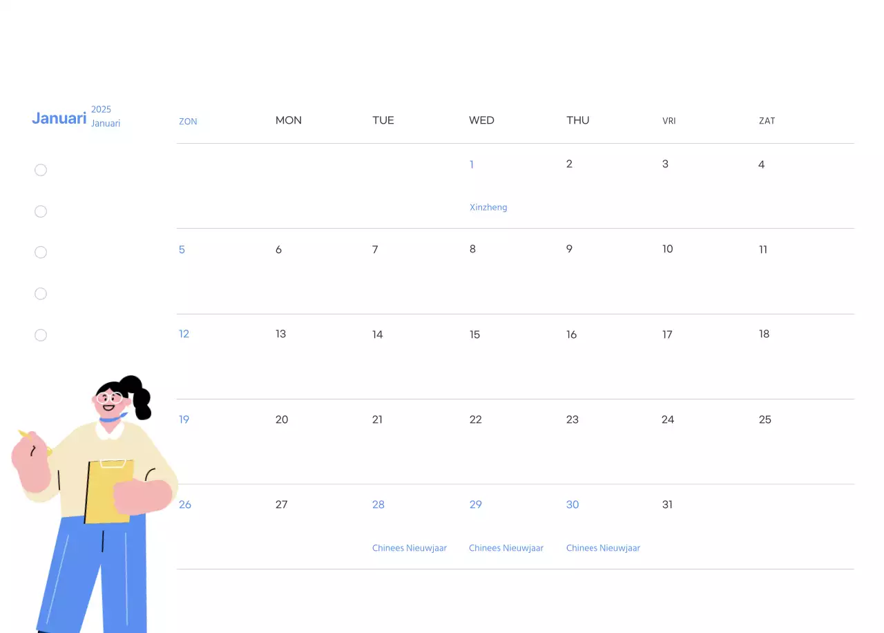 Motiverende kalender met energieke illustraties en positieve citaten op een lichtblauwe achtergrond