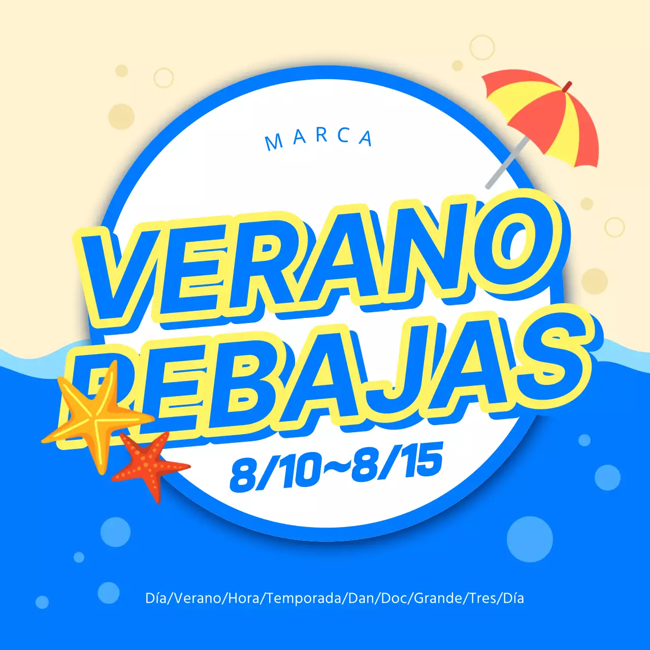 Título principal del evento de verano con detalles en azul y amarillo