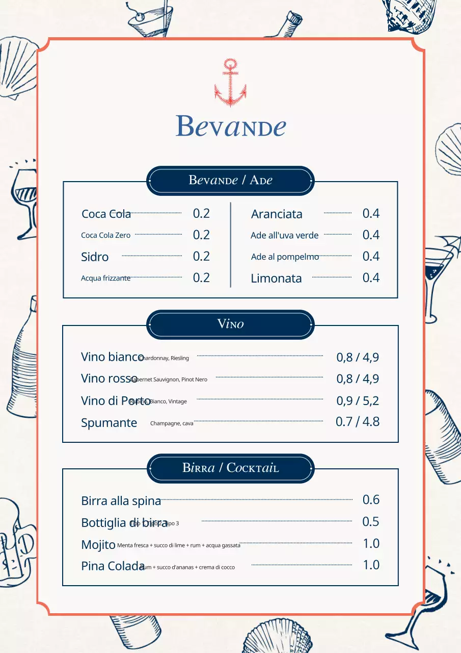 Una collezione di cartelli di menu di pesce d'epoca in blu chiaro e blu navy.