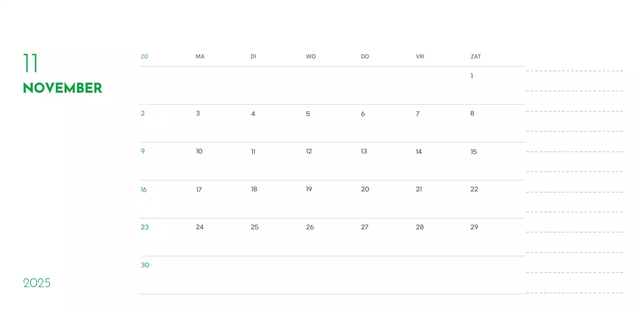 Een kalender met een puppyfoto en een schattige boodschap in groene accentkleur