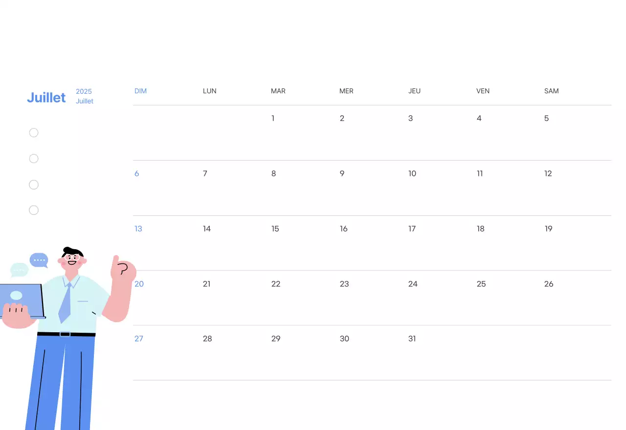 Calendrier de motivation avec des illustrations énergiques et des citations positives sur un fond bleu clair