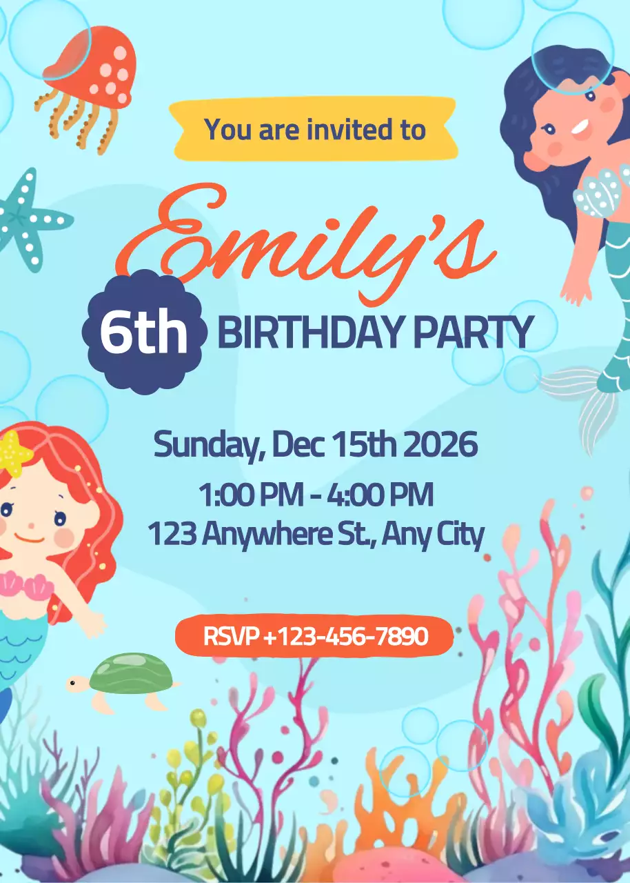 Thiệp mời dự tiệc sinh nhật nàng tiên cá nhỏ dễ thương màu xanh
