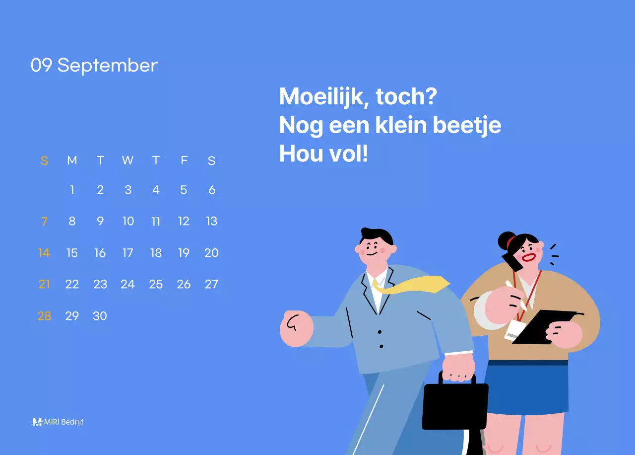 Motiverende kalender met energieke illustraties en positieve citaten op een lichtblauwe achtergrond