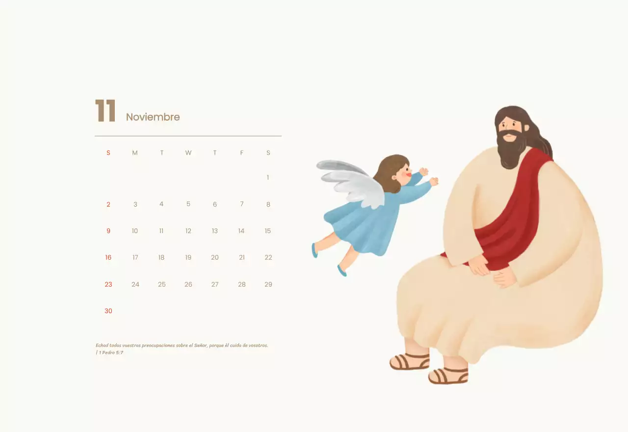 Un calendario devocional con acogedoras ilustraciones y versículos bíblicos sobre fondo azul claro