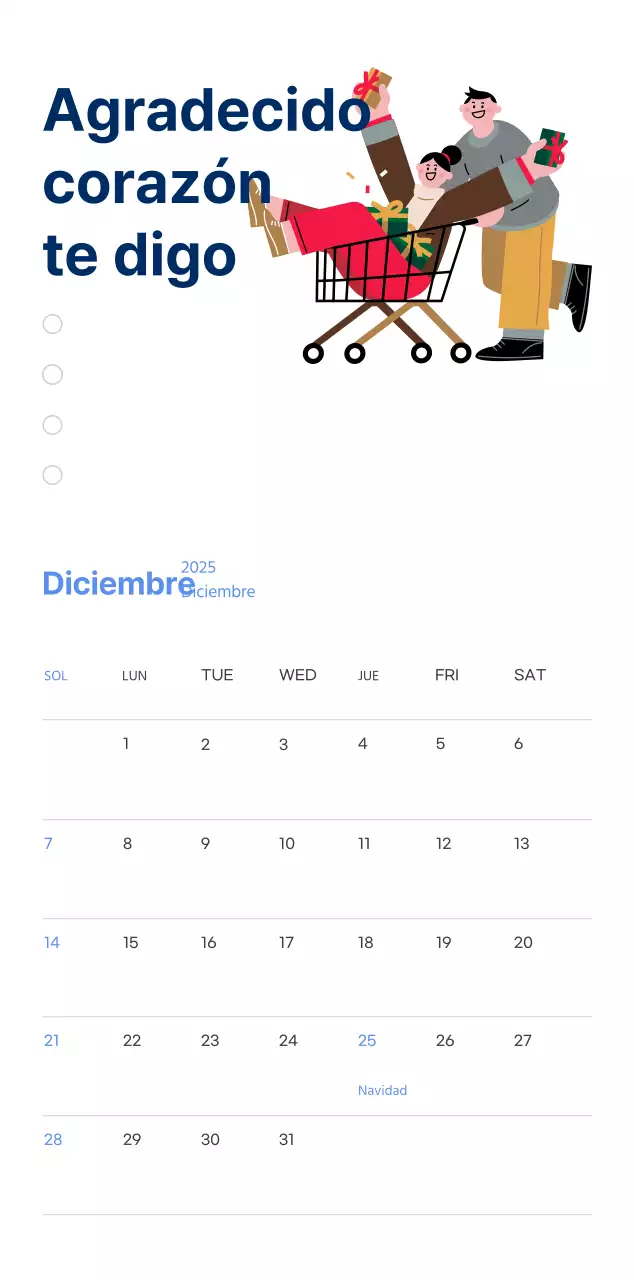 Calendario motivacional con ilustraciones llenas de energía y citas positivas sobre fondo azul claro