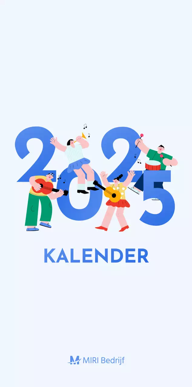 Motiverende kalender met energieke illustraties en positieve citaten op een lichtblauwe achtergrond