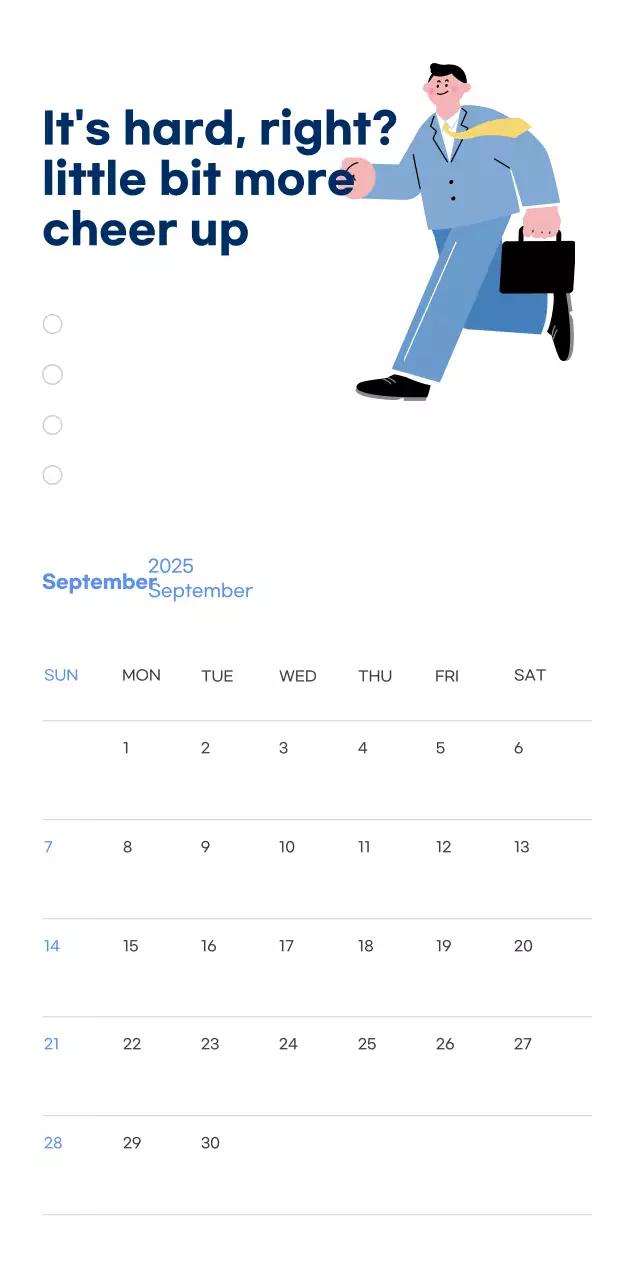 Motivational calendar with energetic illustrations and positive phrases on a light blue background