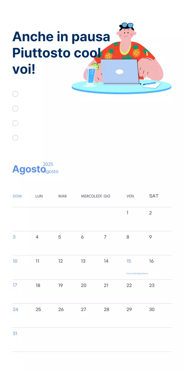 Calendario motivazionale con illustrazioni energetiche e citazioni positive su sfondo azzurro