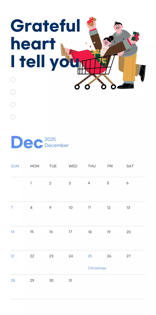 Motivational calendar with energetic illustrations and positive phrases on a light blue background