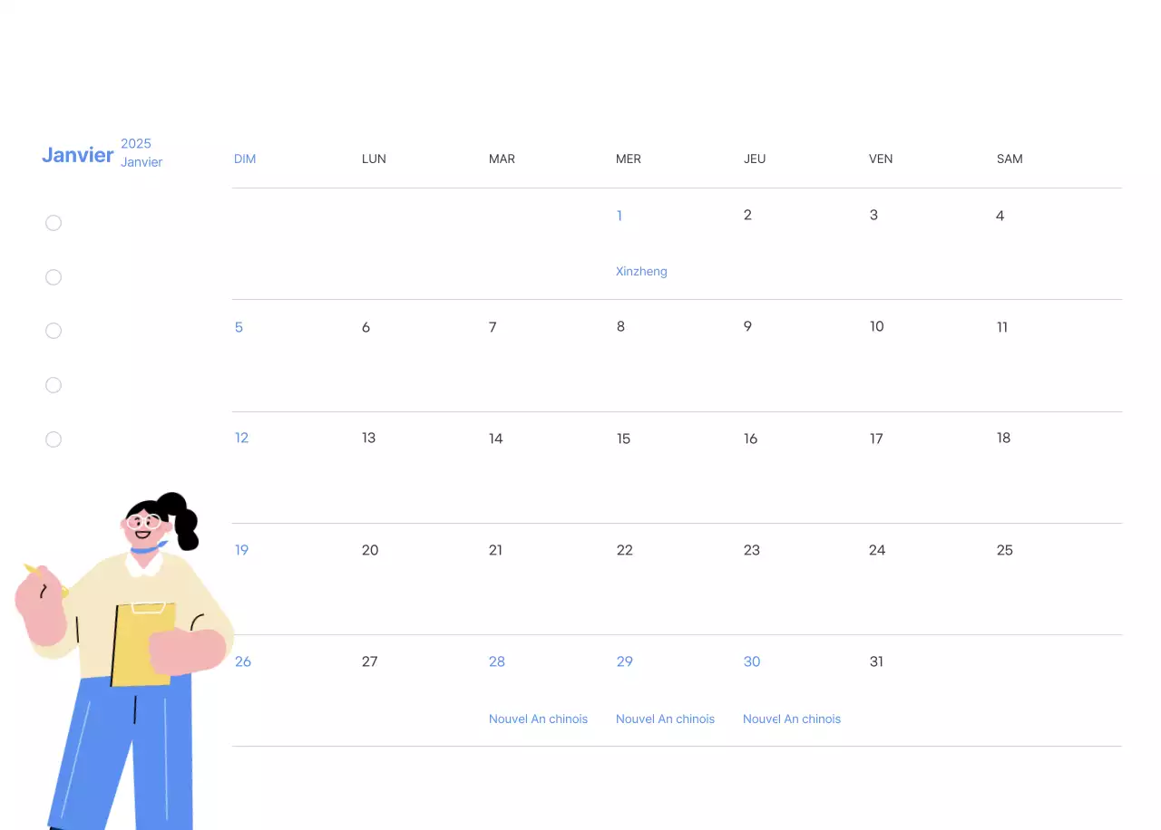 Calendrier de motivation avec des illustrations énergiques et des citations positives sur un fond bleu clair