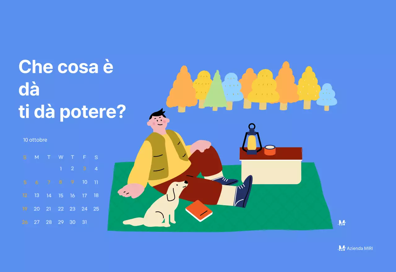 Calendario motivazionale con illustrazioni energetiche e citazioni positive su sfondo azzurro