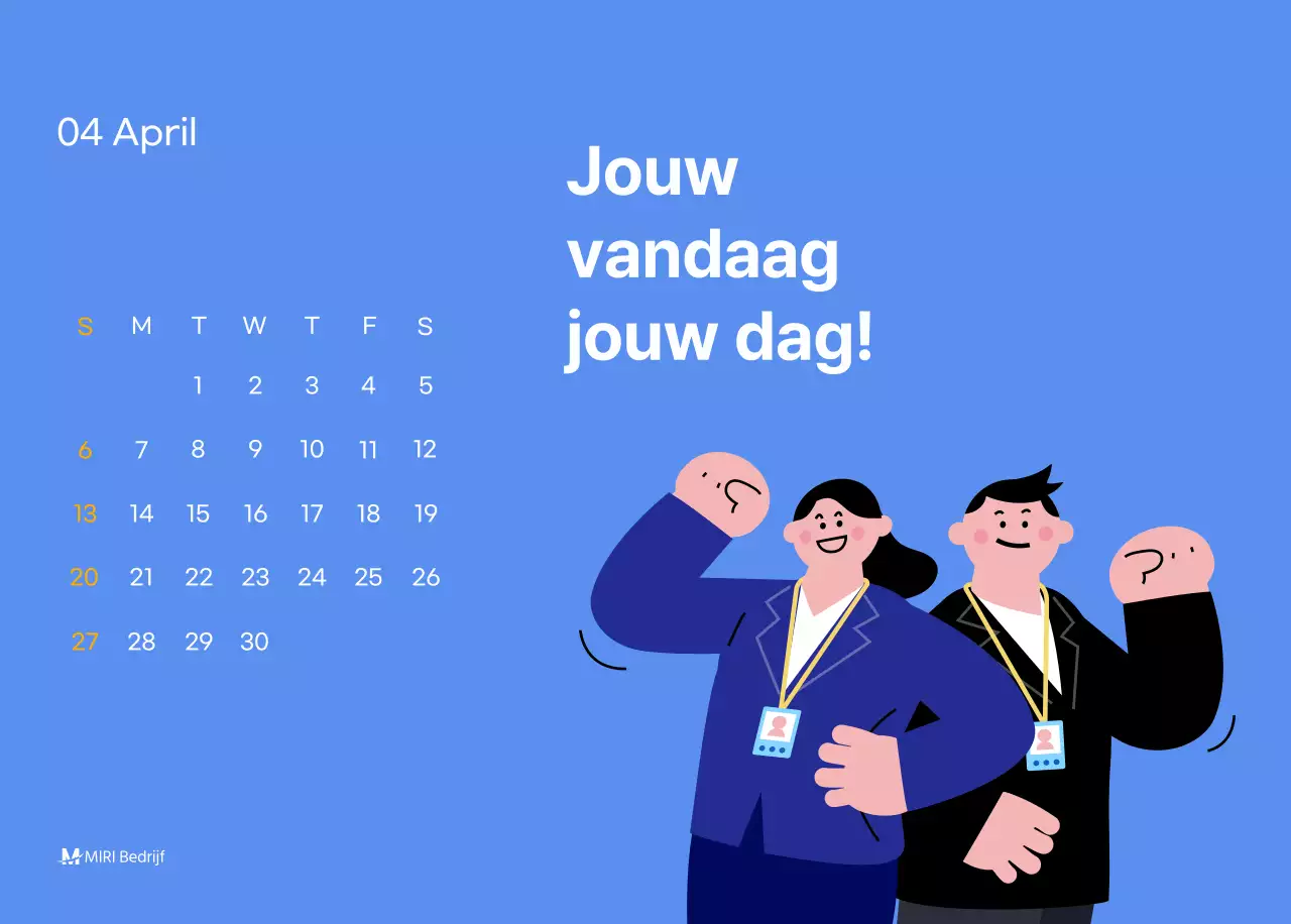 Motiverende kalender met energieke illustraties en positieve citaten op een lichtblauwe achtergrond
