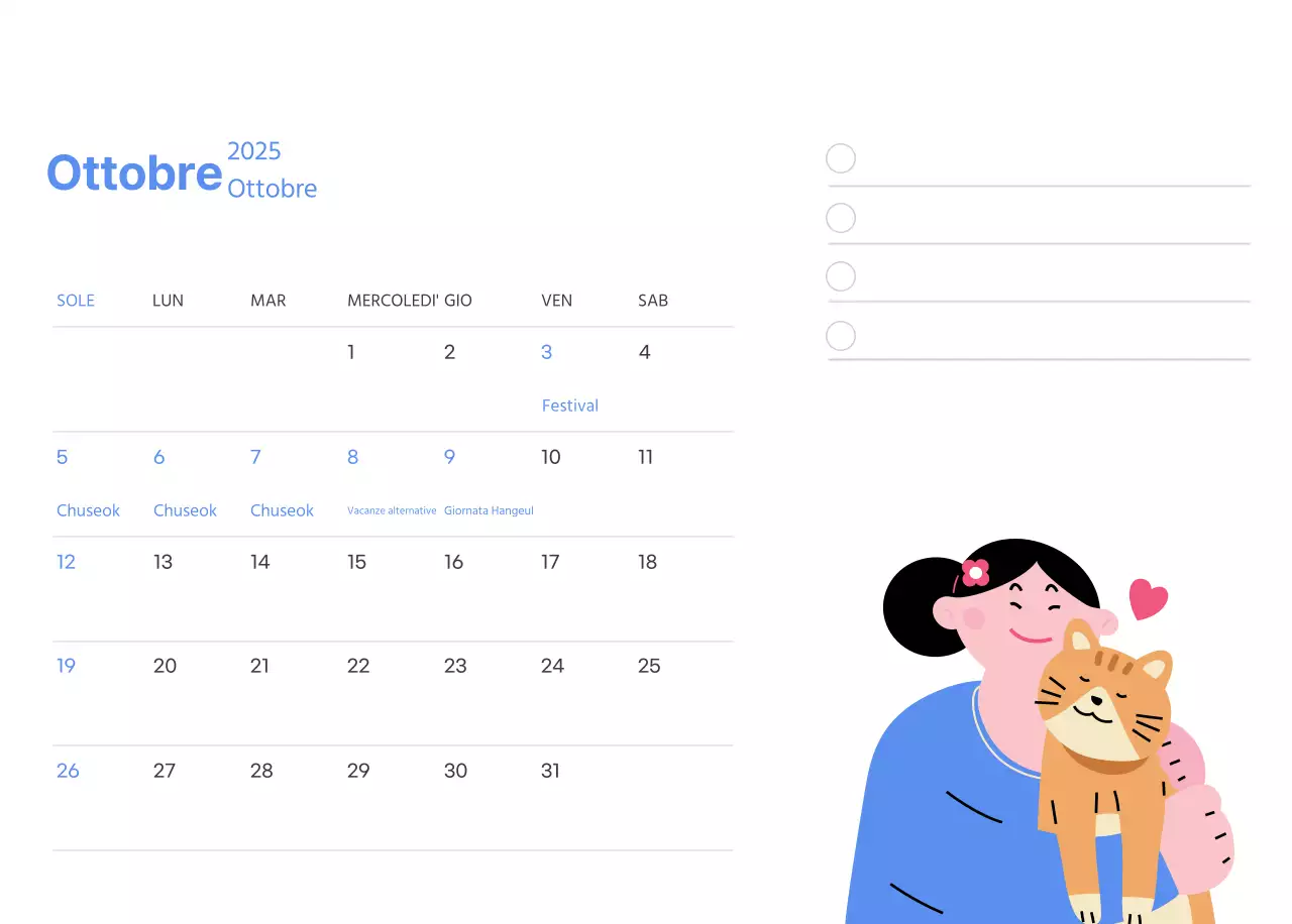 Calendario motivazionale con illustrazioni energetiche e citazioni positive su sfondo azzurro
