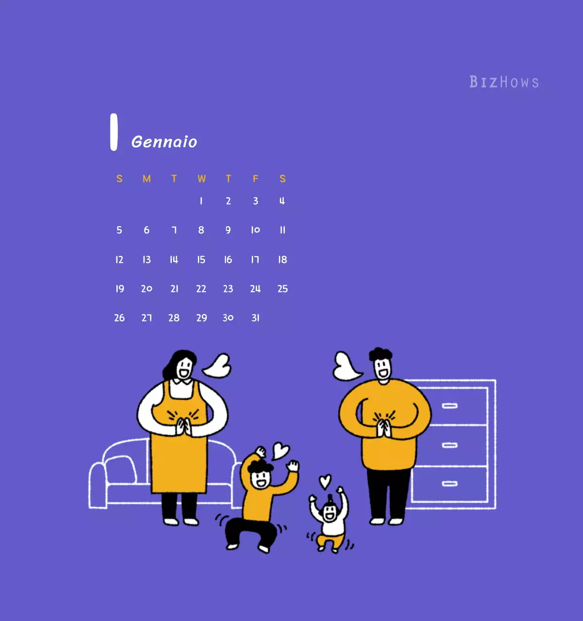 Calendario di Capodanno con simpatiche illustrazioni