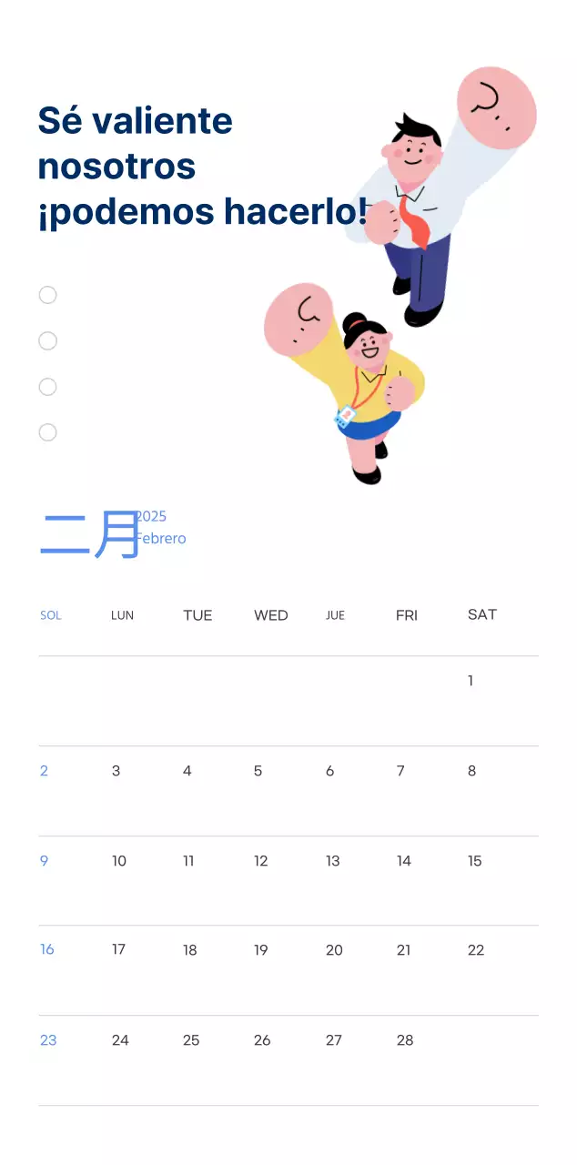 Calendario motivacional con ilustraciones llenas de energía y citas positivas sobre fondo azul claro