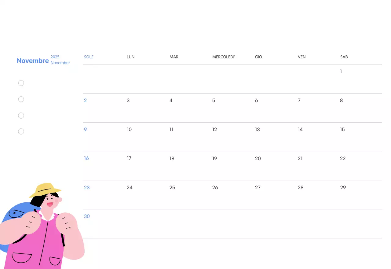 Calendario motivazionale con illustrazioni energetiche e citazioni positive su sfondo azzurro