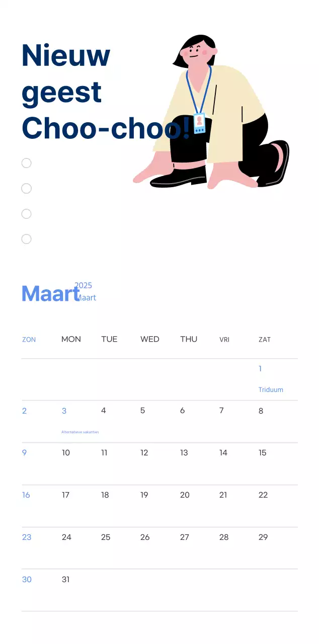 Motiverende kalender met energieke illustraties en positieve citaten op een lichtblauwe achtergrond