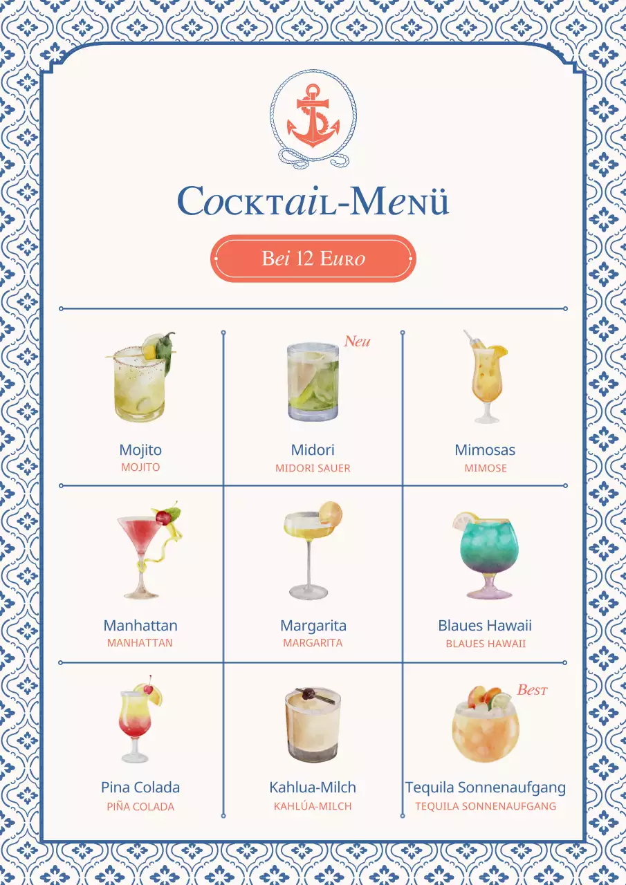 Eine Sammlung alter Menütafeln für Meeresfrüchte in Hellblau und Marineblau.